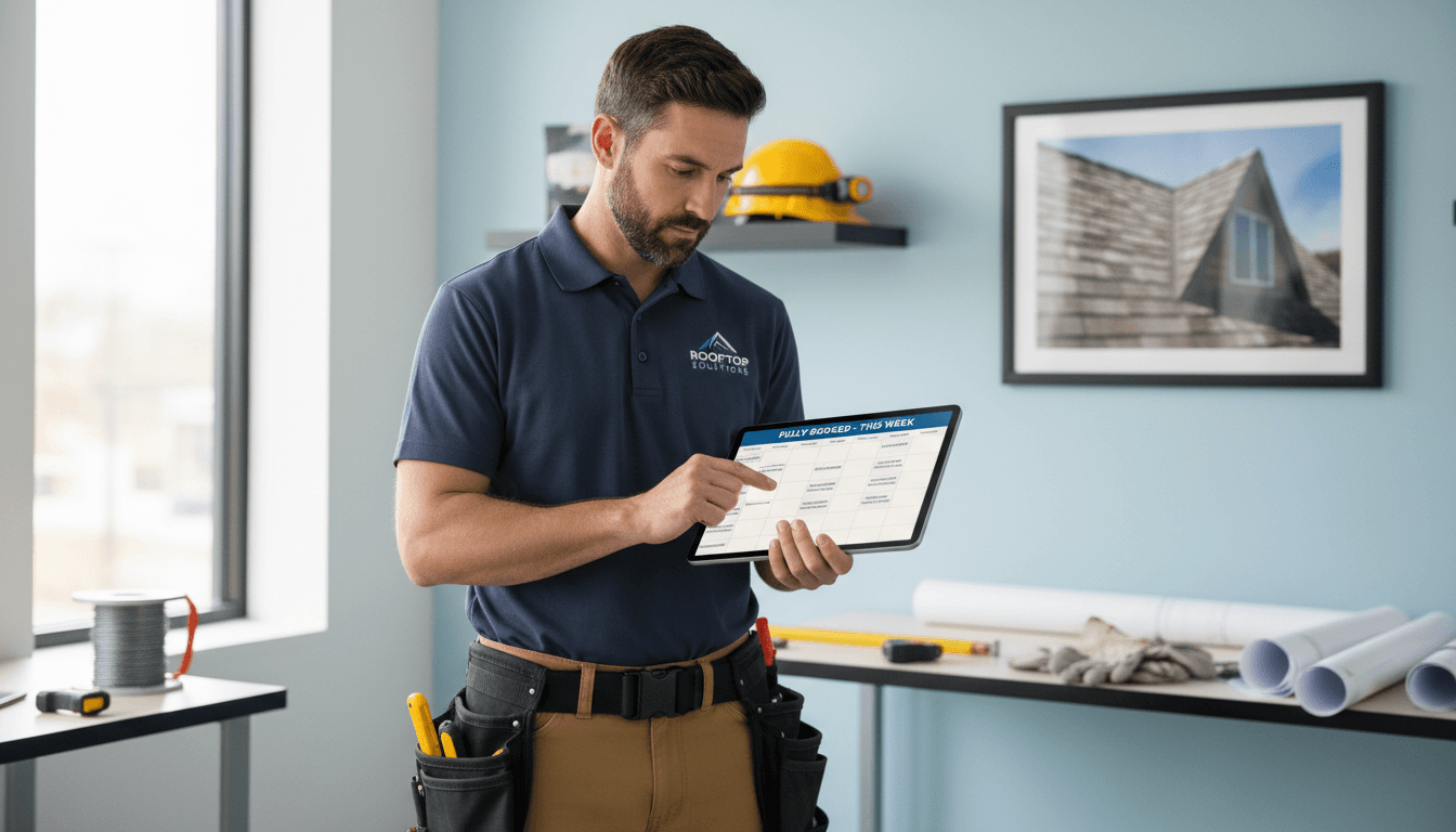 Blue-collar tradesperson reviewing scheduled appointments on mobile phone