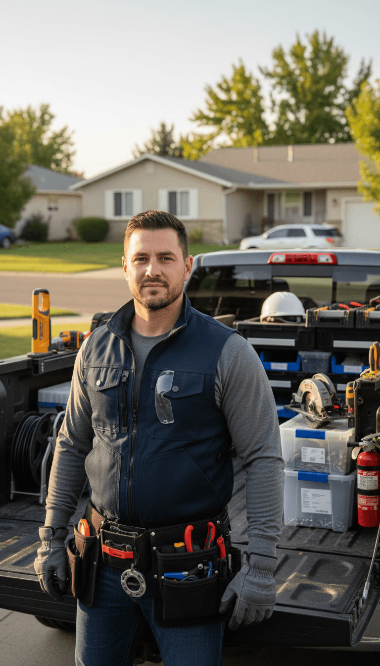 Professional contractor standing in well-organized work truck surrounded by tools and equipment, ready for service calls
