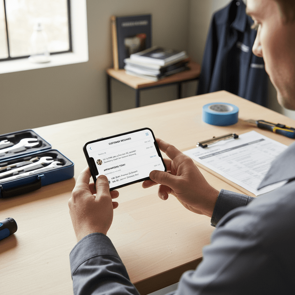 Service technician reviewing high-intent leads on mobile phone